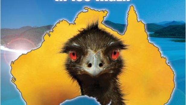 Ein Filmposter für „Australien in 100 Tagen“ mit einem Emukopf vor einer Karte von Australien.