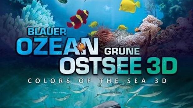 Das Poster für den 3D-Film „Blauer Ozean Grüne Ostsee“ zeigt eine Unterwasserwelt mit verschiedenen Meeresbewohnern.