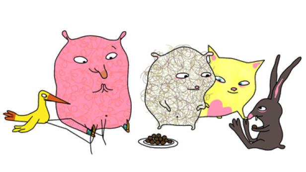 Eine skurrile Illustration mit einem rosa Wesen, einem Vogel, einem Hamster, einer Katze und einem Hasen.