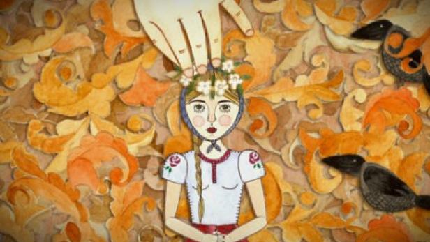 Eine Illustration einer jungen Frau mit Blumenkranz, deren Kopf von einer Hand berührt wird.
