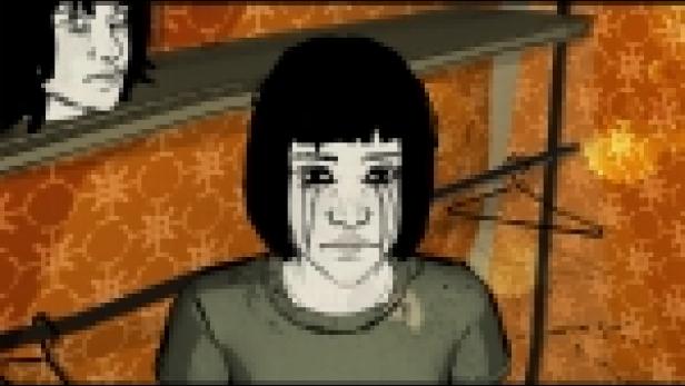 Eine Frau mit dunklen Haaren und Tränen im Gesicht steht vor einer gemusterten Wand.