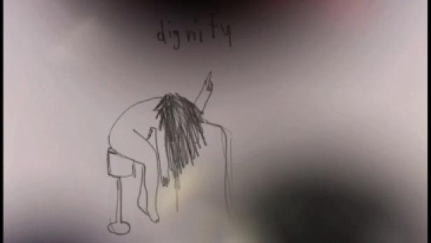 Eine gezeichnete Figur sitzt auf einem Hocker, den Kopf gesenkt, mit dem Wort „Würde“ darüber.