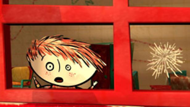 Ein Cartoon-Junge blickt erschrocken aus einem Fenster auf ein Feuerwerk.