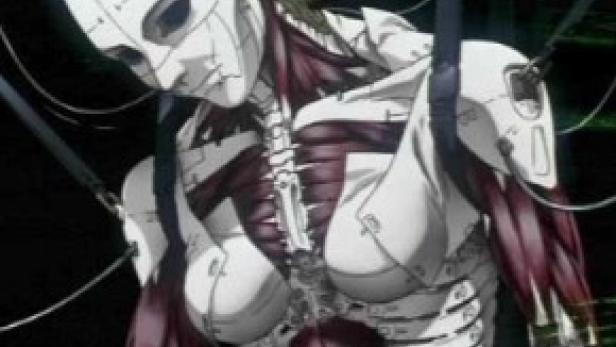 Eine Roboter-ähnliche Figur mit freiliegenden Muskeln und mechanischen Teilen.