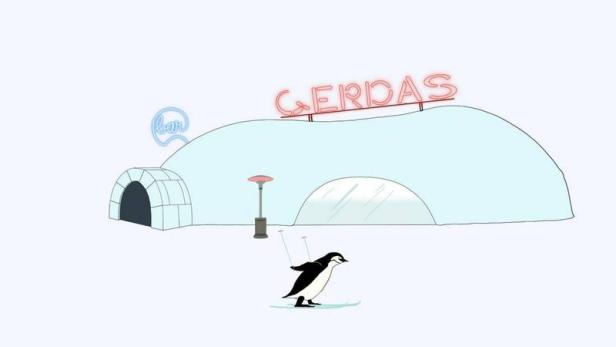 Ein Pinguin fährt vor einem Iglu mit der Aufschrift „Gerda's“ Ski.