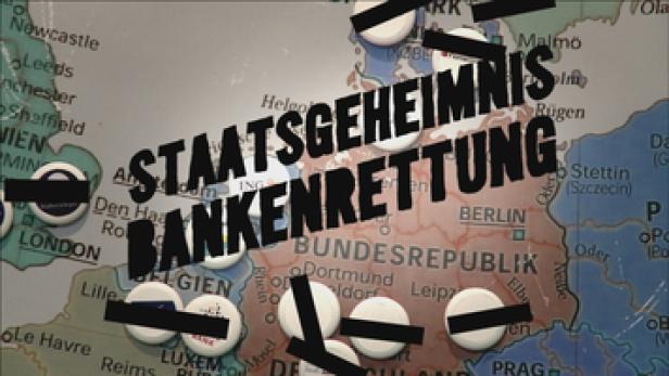 Eine stilisierte Karte Europas mit dem Schriftzug „Staatsgeheimnis Bankenrettung“.