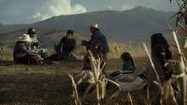 Eine Gruppe von Menschen sitzt auf einem Feld vor einer Bergkulisse.