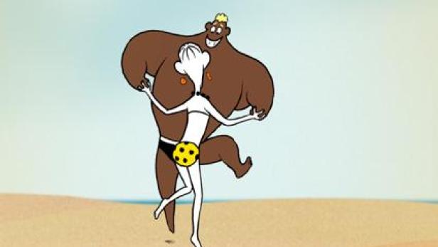 Ein muskulöser Mann umarmt eine Frau am Strand.