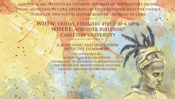 Ein Veranstaltungsplakat für den Film „Golden Scars“ über junge Musiker in Kuba.
