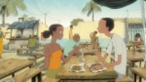 Ein Paar sitzt an einem Tisch im Freien und isst.