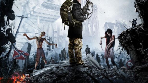 Ein bewaffneter Mann steht inmitten einer zerstörten Stadt, umgeben von Zombies, auf dem Filmplakat zu „Zombie Warz: Falls the Shadow“.