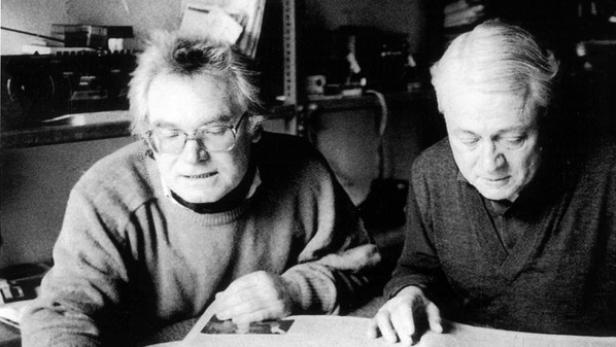 Zwei ältere Männer betrachten gemeinsam Fotos an einem Tisch.