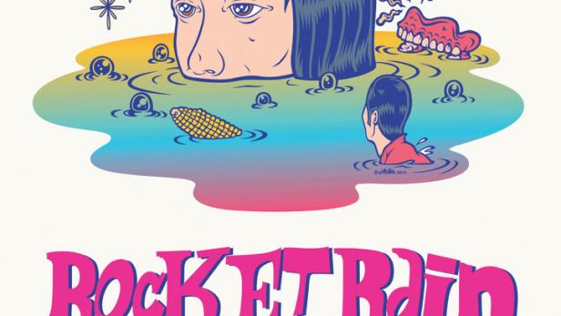 Das surreale Filmplakat für „Rocket Rain“ zeigt einen Kopf im Wasser, umgeben von skurrilen Elementen.