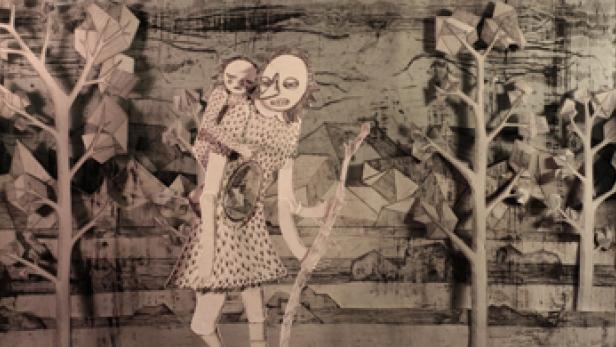 Eine stilisierte Darstellung einer Frau, die ein Kind auf dem Rücken trägt, in einer Waldlandschaft.