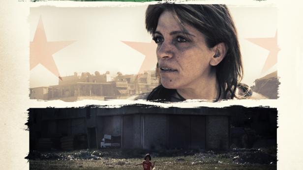Das Filmplakat für „A Syrian Love Story“ zeigt drei Szenen aus dem Leben einer syrischen Familie.