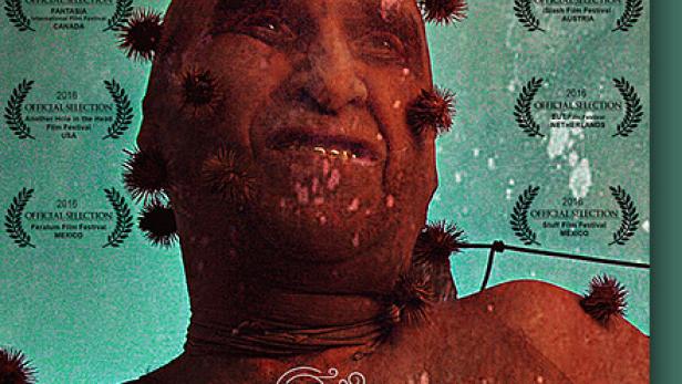 Das Filmplakat für „Atmo Horrox“ zeigt ein Gesicht mit stachelartigen Wucherungen.