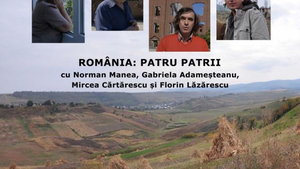 Das Filmplakat für „România: Patru Patrii“ zeigt Porträts vor einer ländlichen Kulisse.