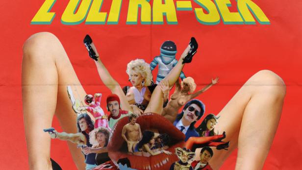Das Filmplakat für „A la recherche de l'Ultra-Sex“ zeigt eine Collage verschiedener Figuren und Elemente.