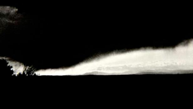 Eine monochrome Landschaft mit Bäumen und Nebel unter einem dunklen Himmel.