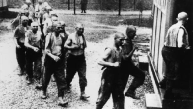 Eine Gruppe kahlgeschorener Männer in gestreifter Kleidung geht in ein Gebäude.