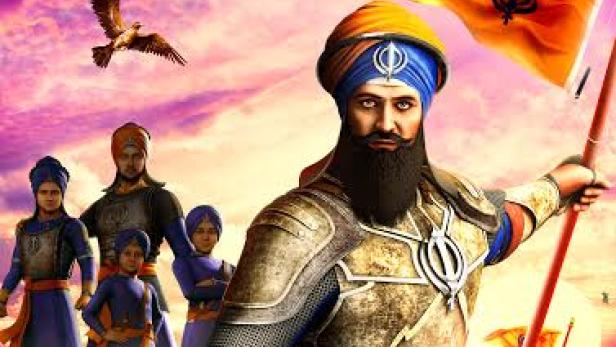 Das Filmplakat für „Chaar Sahibzaade: Rise of Banda Singh Bahadur“ zeigt Krieger mit Flagge.