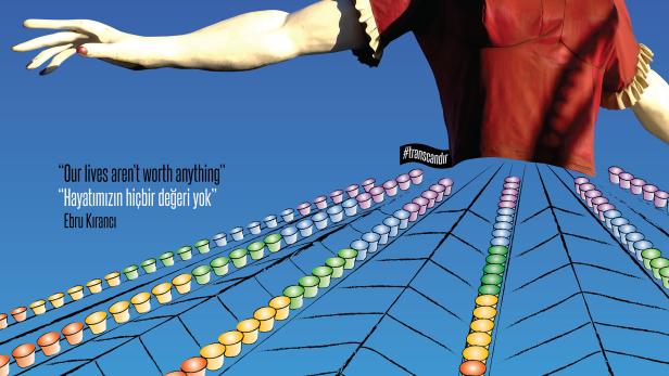 Das Filmplakat für „Trans X Istanbul“ zeigt eine Statue vor einem blauen Himmel und bunten Pillen.