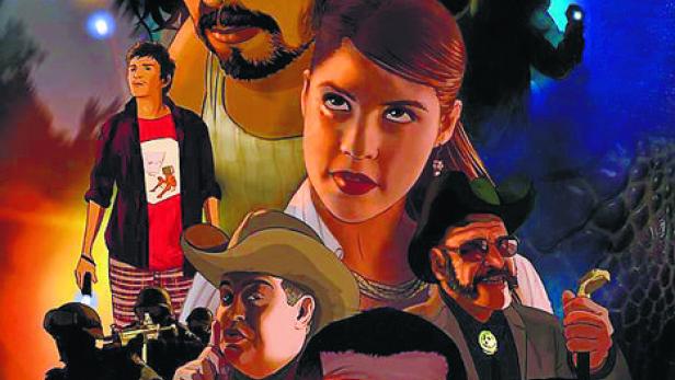 Das Filmplakat für „OVNIS EN ZACAPA“ zeigt eine Collage von Charakteren vor einem dunklen Hintergrund.