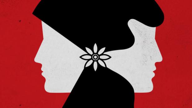 Das Filmplakat für „A Revolution in Four Seasons“ zeigt zwei Frauenprofile in Schwarz und Weiß vor rotem Hintergrund.