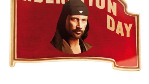 Das Filmplakat für „Liberation Day“ zeigt ein Porträt von Laibach auf einer roten Flagge.