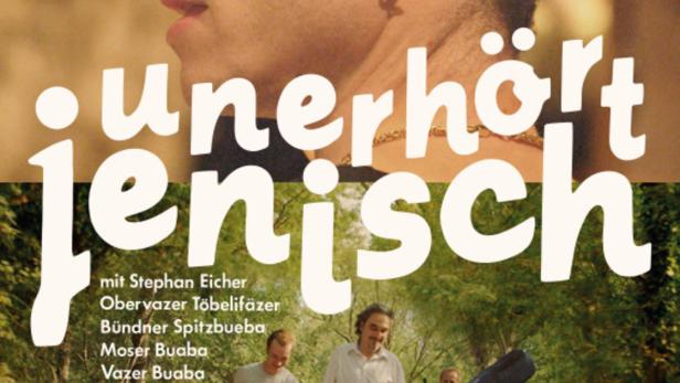 Das Filmplakat für „unerhört jenisch“ zeigt einen Mann mit Hut und drei Musiker auf einem Weg.