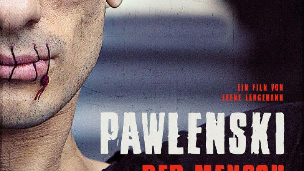 Das Filmplakat für „Pawlenski – Der Mensch und die Macht“ zeigt das Gesicht eines Mannes mit zugenähtem Mund.