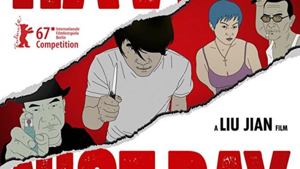 Das animierte Filmplakat für „Have a Nice Day“ von Liu Jian zeigt vier Charaktere vor rotem Hintergrund.