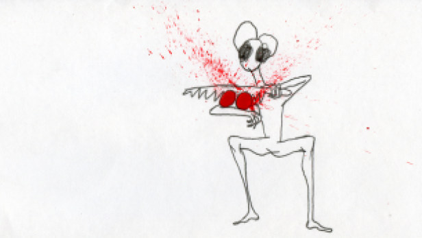 Eine skizzenhafte, dünne Figur mit großen Augen, die von roter Farbe bedeckt ist, die Blut darstellen soll.