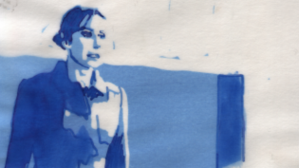 Eine blau getönte Illustration einer Frau in einem Blazer vor einer Wand.