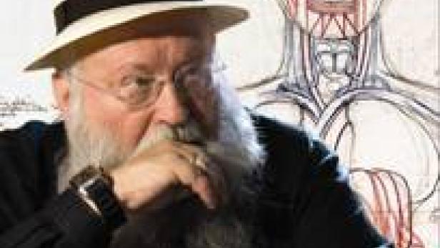 Das Filmplakat für den Dokumentarfilm „Hermann Nitsch“ zeigt den Künstler vor einer anatomischen Zeichnung.