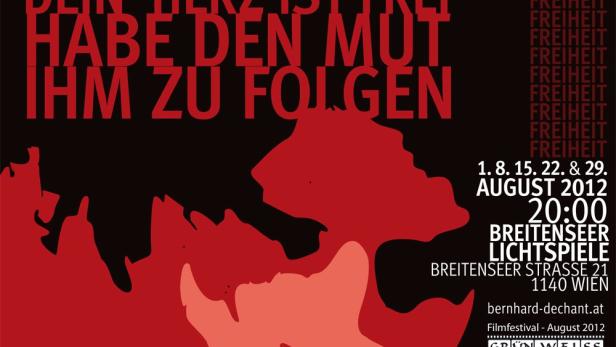 Ein rotes Plakat für das Filmfestival Grünweiss im August 2012 in Wien.