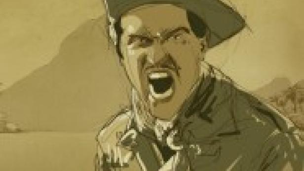 Ein Mann mit Hut und Schnurrbart schreit vor einer tropischen Landschaft.