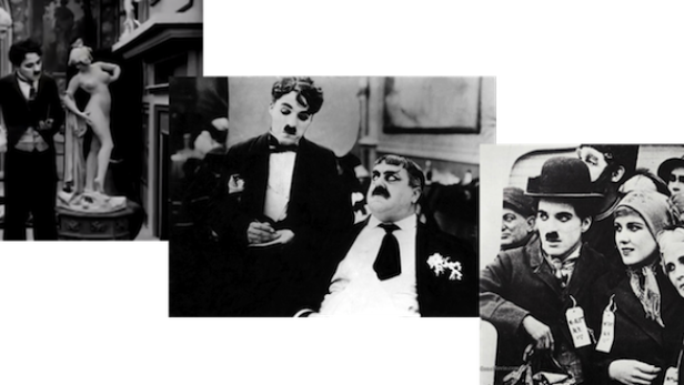 Drei Szenen mit Charlie Chaplin in verschiedenen Filmen.