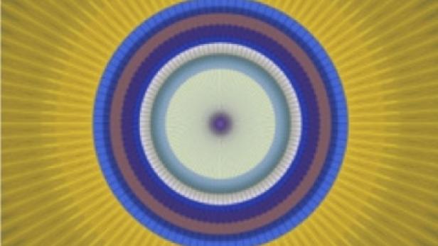 Ein abstraktes, konzentrisches Kreismuster in Gelb, Blau und Weiß.