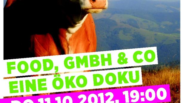 Ein Plakat für eine Öko-Dokumentation mit einer Kuh im Vordergrund und dem Logo der Grünen.