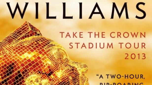 Das Cover der „Take the Crown Stadium Tour 2013“ von Robbie Williams mit einer goldenen Kopf-Skulptur.