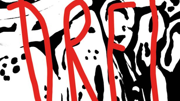 Das Filmplakat für „Drei“ von Willy Hans zeigt ein abstraktes, schwarz-weißes Muster mit dem Titel in roter Schrift.