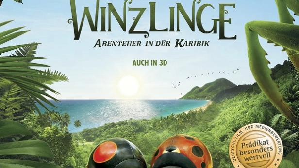 Das Filmplakat für „Die Winzlinge – Abenteuer in der Karibik“ zeigt animierte Insekten vor einer tropischen Insellandschaft.