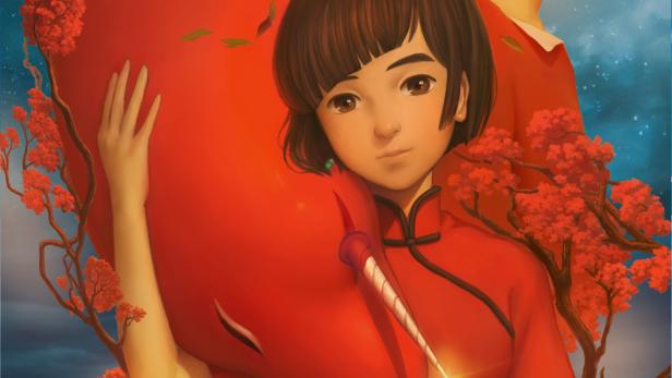 Das Filmplakat für „Big Fish & Begonia“ zeigt zwei junge Figuren und einen roten Fisch vor einem Mondschein-Hintergrund.