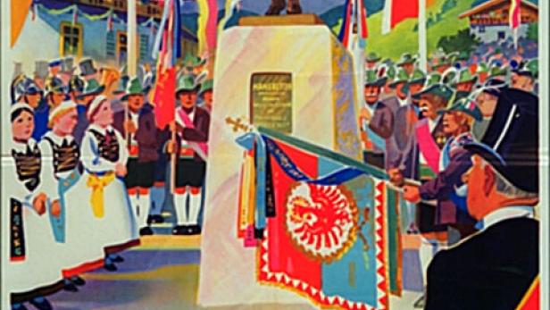 Plakat für den Film „Der unsterbliche Lump“ mit einer Statue und Menschen in Tracht.