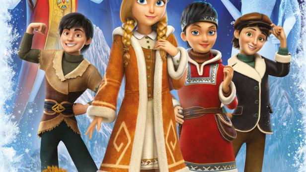 Das Filmplakat für „Die Schneekönigin im Spiegelland“ zeigt die Hauptfiguren vor einem winterlichen Hintergrund.