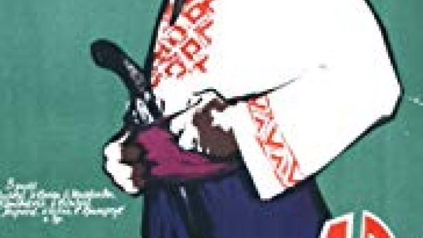 Ein Mann in traditioneller Kleidung hält ein Schwert auf einem Filmplakat.