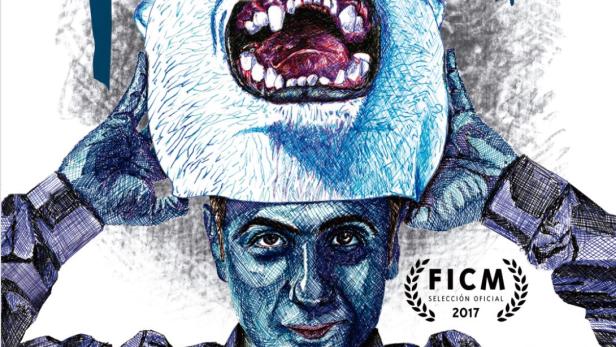 Ein Mann hält eine Bärenmaske in dem Filmplakat für „Oso Polar“.
