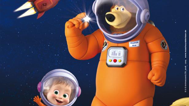 Das Filmplakat zu „Mascha und der Bär: Die neuen Abenteuer“ zeigt Mascha und den Bären im Weltraum.