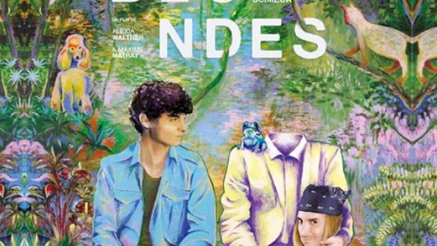 Das Filmplakat für „Bêtes Blondes“ zeigt zwei Männer vor einem psychedelischen Hintergrund.